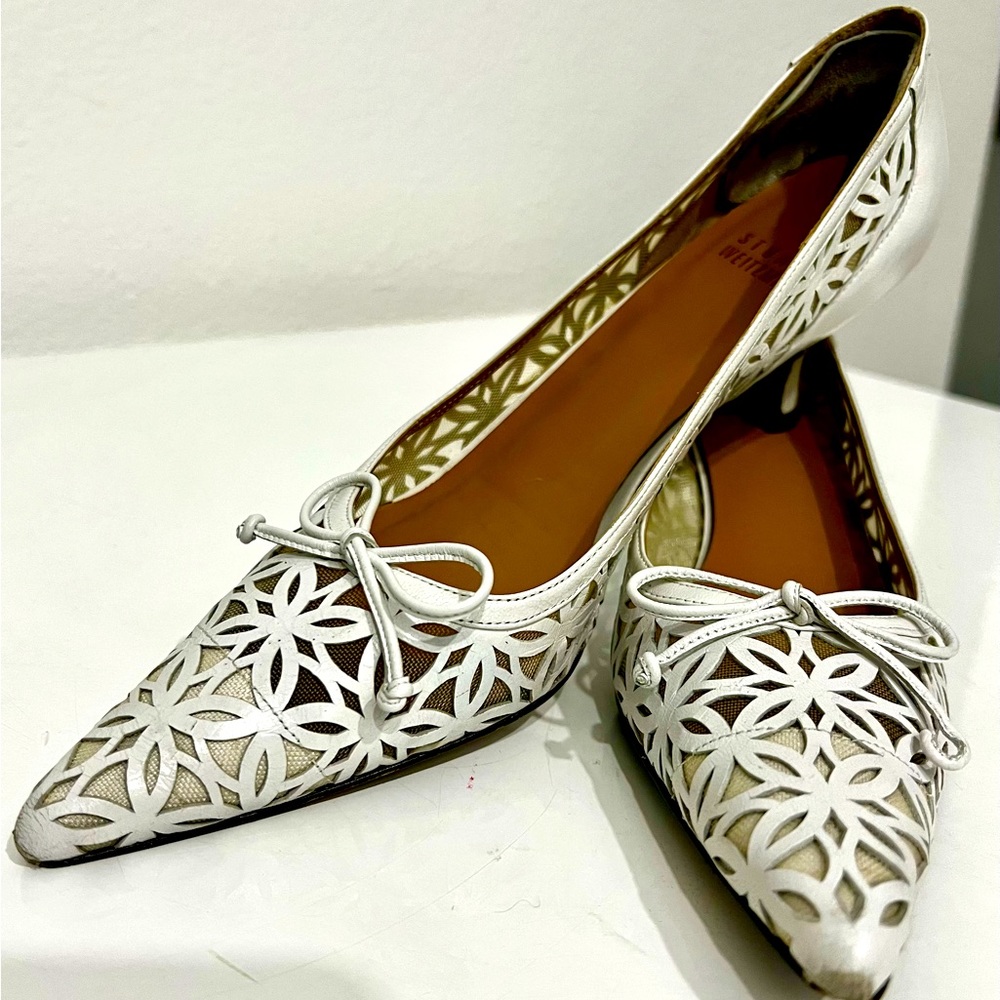 Stuart Weitzman White Laser-Cut Bow Pointed Toe Flats
